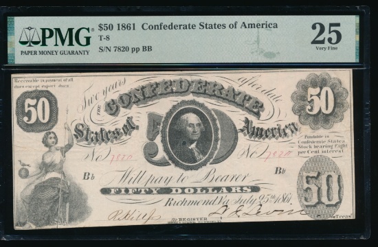1861 $50 T-8 Confederate PMG 25