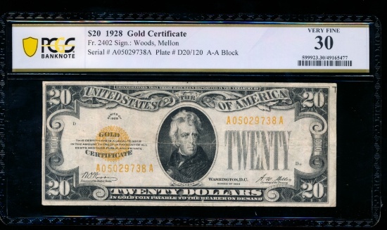 1928 $20 Gold Certificate PCGS 30