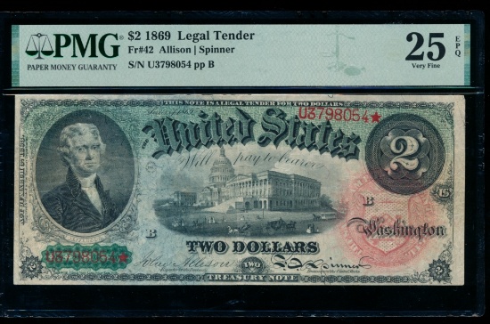 1869 $2 Legal Tender Note PMG 25EPQ