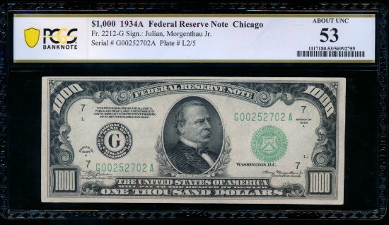 1934A $1000 Chicago FRN PCGS 53
