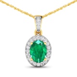 14KT Yellow Gold 1.00ct Zambian Emerald and Diamond Pendant with Chain