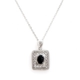 Plated Rhodium 1.53ct Black Sapphire and Diamond Pendant with Chain
