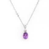 Plated Rhodium 1.03ctw Amethyst and Diamond Pendant with Chain
