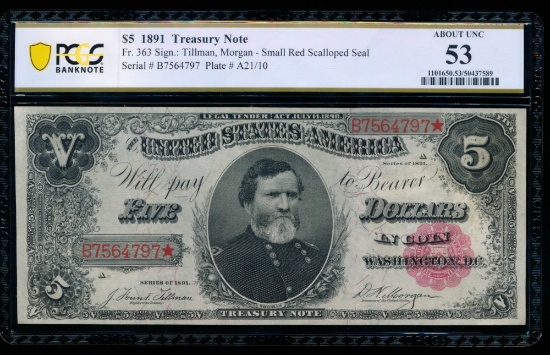 1891 $5 Treasury Note PCGS 53