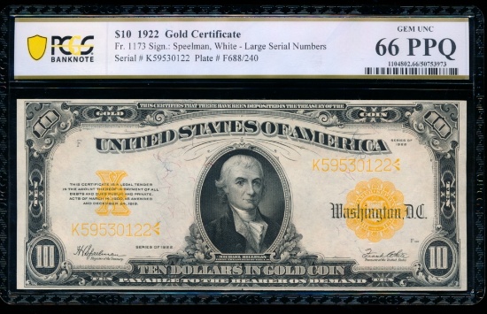 1922 $10 Gold Certificate PCGS 66PPQ
