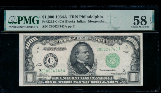 1934A $1000 Philadelphia FRN PMG 58EPQ