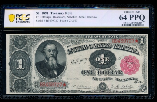1891 $1 Treasury Note PCGS 64PPQ