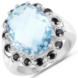 Plated Rhodium 11.93ct Blue Topaaz and Black Spinel Ring