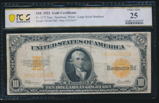 1922 $10 Gold Certificate PCGS 25