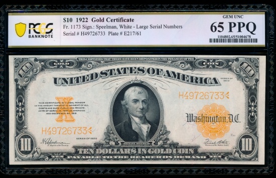 1922 $10 Gold Certificate PCGS 65PPQ