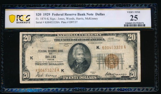 1929 $20 Dallas FRBN PCGS 25