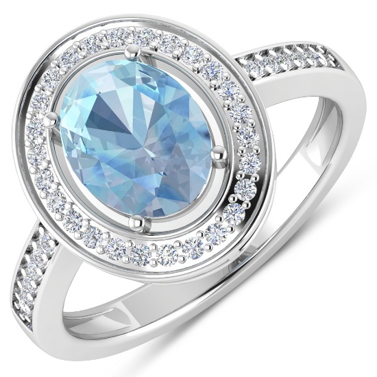 14KT White Gold 1.28ctw Aquamarine and Diamond Ring
