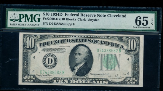 1934D $10 Cleveland FRN PMG 65EPQ