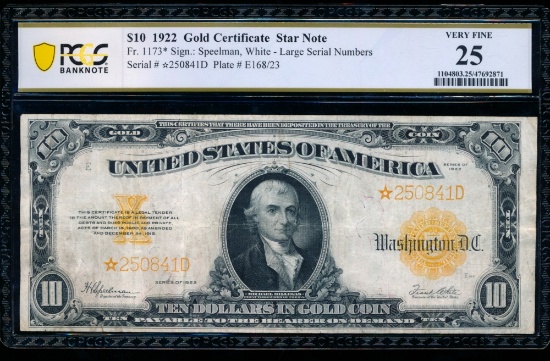 1922 $10 STAR Gold Certificate PCGS 25