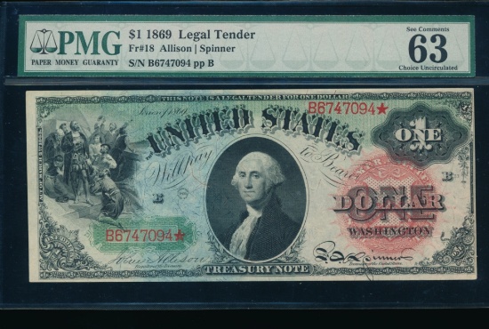 1869 $1 Rainbow Legal Tender Note PMG 63