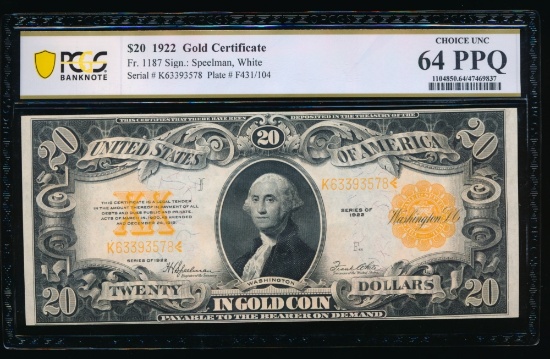 1922 $20 Gold Certificate PCGS 64PPQ