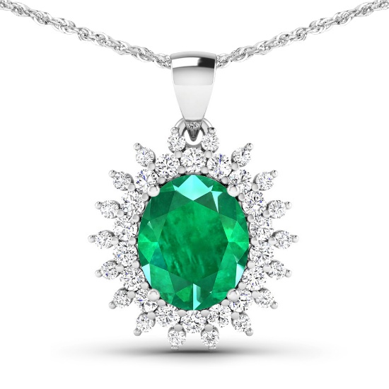 14KT White Gold 3.14ctw Zambian Emerald and Diamond Pendant
