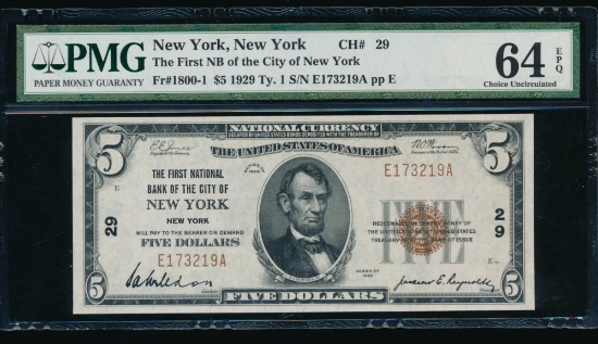 1929 $5 New York NY National Note PMG 64EPQ