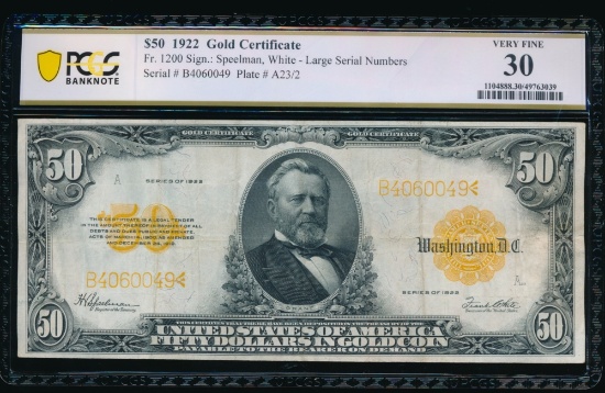 1922 $50 Gold Certificate PCGS 30