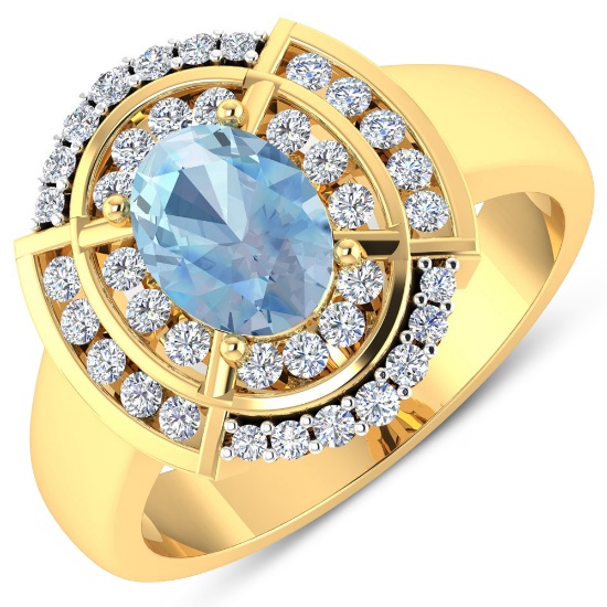 14KT Yellow Gold 0.96ct Aquamarine and Diamond Ring
