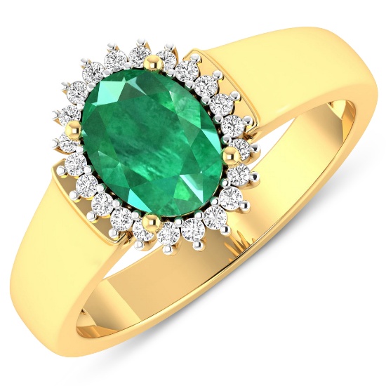 14KT Yellow Gold 1ct Zambian Emerald and Diamond Ring