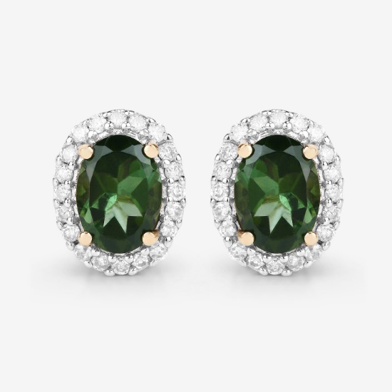 14KT Yellow Gold 1.92ctw Green Tourmaline and White Diamond Earrings
