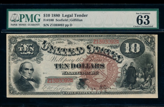 1880 $10 Jackass Legal Tender Note PMG 63