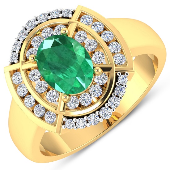14KT Yellow Gold 1ct Zambian Emerald and Diamond Ring