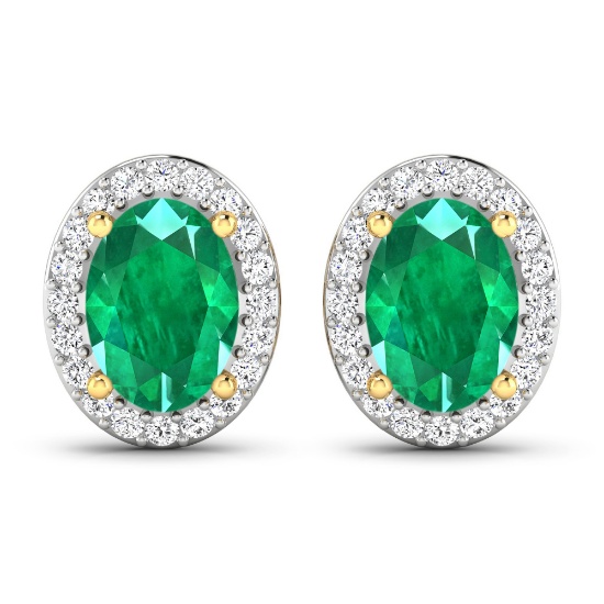 14KT Yellow Gold 1.12ctw Zambian Emerald and Diamond Earrings