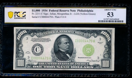 1934 $1000 Philadelphia FRN PCGS 53