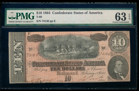 1864 $10 T-68 Confederate PMG 63EPQ