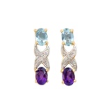 Plated 18KT Yellow Gold 1.72cts Amethyst Blue Topaz and Diamond Earrings