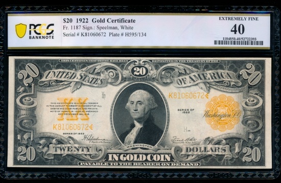 1922 $20 Gold Certificate PCGS 40