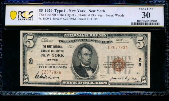 1929 $5 New York NY National PCGS 30