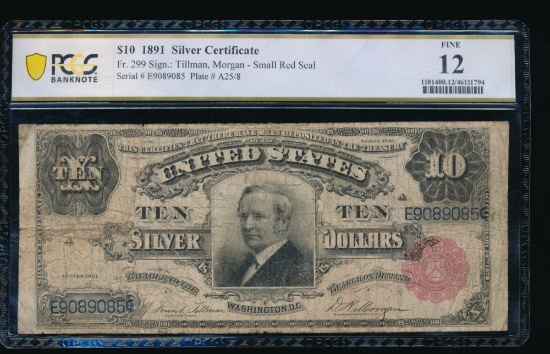 1891 $10 Tombstone Silver Certificate PCGS 12