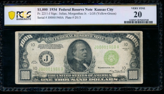 1934 $1000 Kansas City FRN PCGS 20