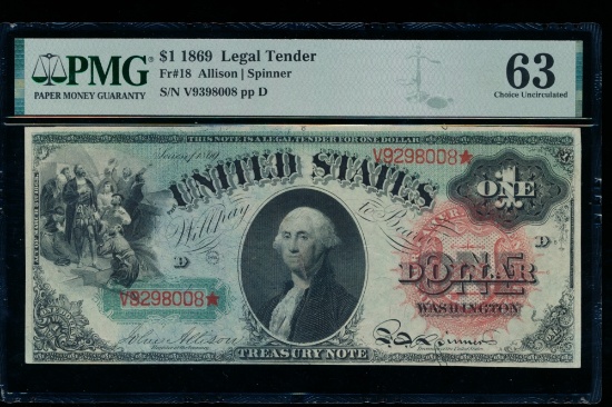 1869 $1 Rainbow Legal Tender Note PMG 63