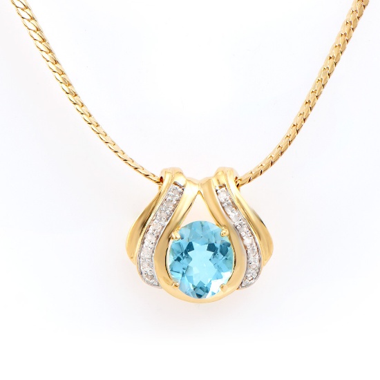 Plated 18KT Yellow Gold 6.00ct Blue Topaz and Diamond Pendant with Chain