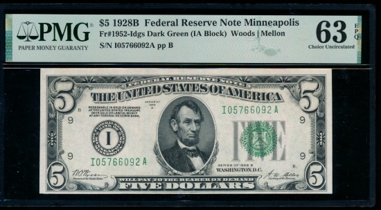 1928B $5 Minneapolis FRN PMG 63EPQ