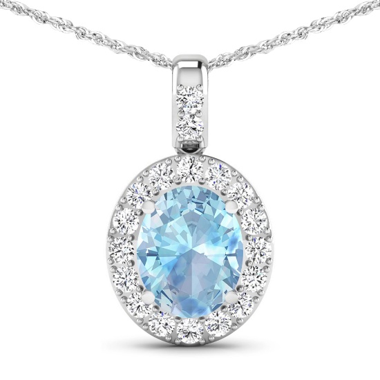 14KT White Gold 1.9ctw Aquamarine and Diamond Pendant