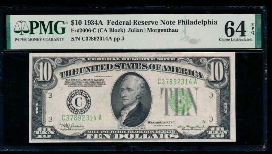 1934A $10 Philadelphia FRN PMG 64EPQ