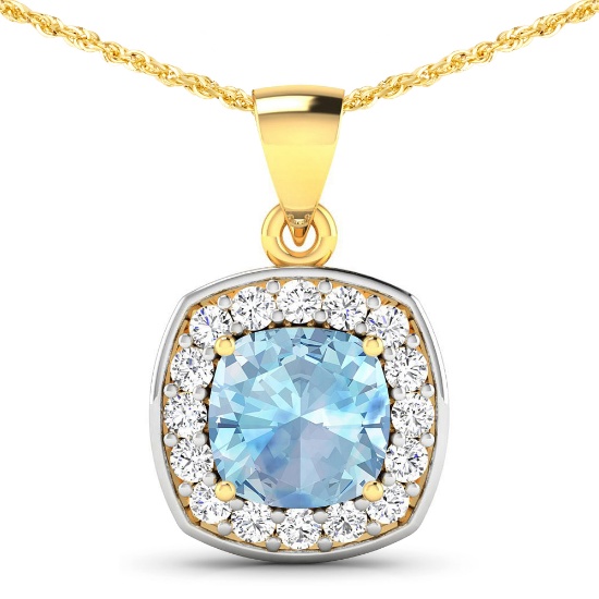 14KT Yellow Gold 1.70ct Aquamarine and Diamond Pendant with Chain
