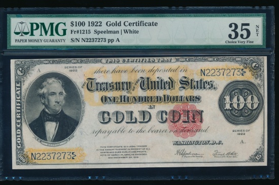 1922 $100 Gold Certificate PMG 35NET