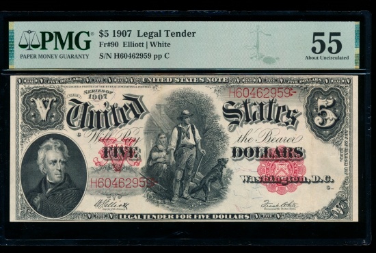 1907 $5 Legal Tender PMG 55