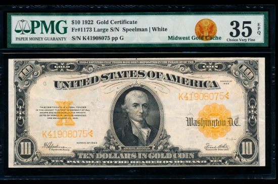 1922 $10 Gold Certificate PMG 35EPQ