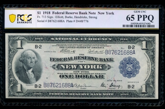 1918 $1 New York FRBN PCGS 65PPQ
