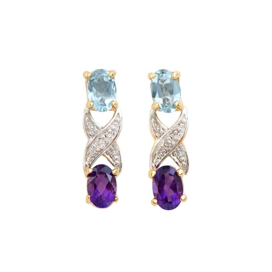 Plated 18KT Yellow Gold 1.72cts Amethyst Blue Topaz and Diamond Earrings