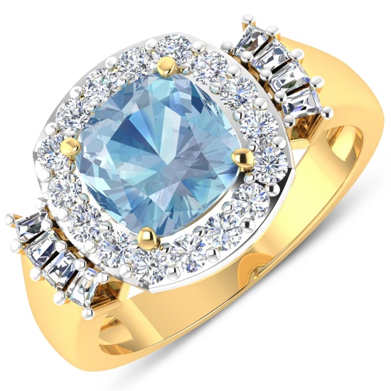 14KT Yellow Gold 1.48ct Aquamarine and Diamond Ring