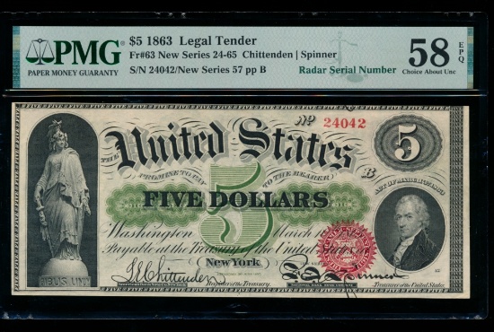 1863 $5 Legal Tender Note PMG 58EPQ