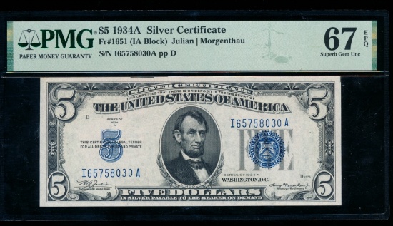 1934A $5 Silver Certificate PMG 67EPQ